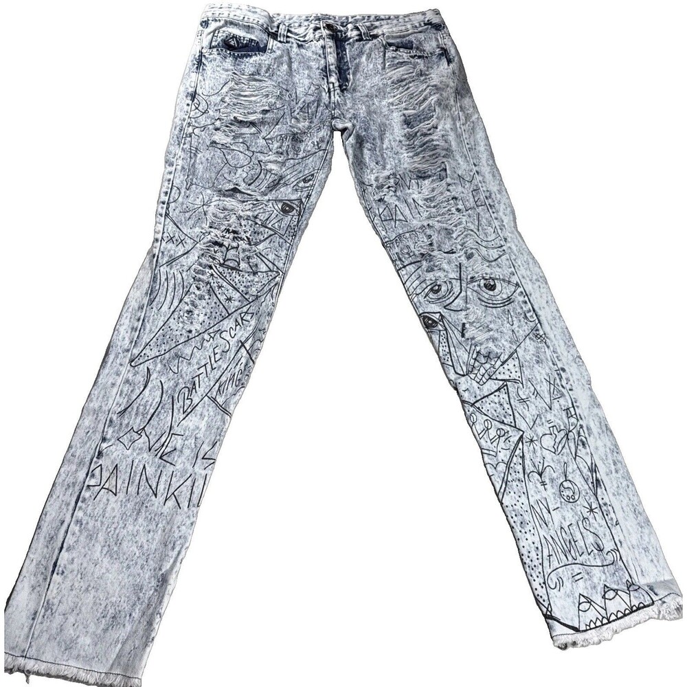 DNM Collection Mens Artwork Jeans NWT Ripped Acid Wash Sz 34 Graffiti Urban